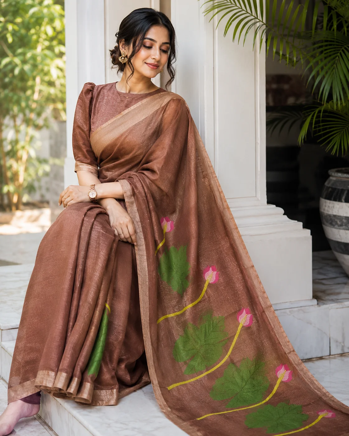 Linen Silk Jamdani Handloom Saree – Coffee Brown