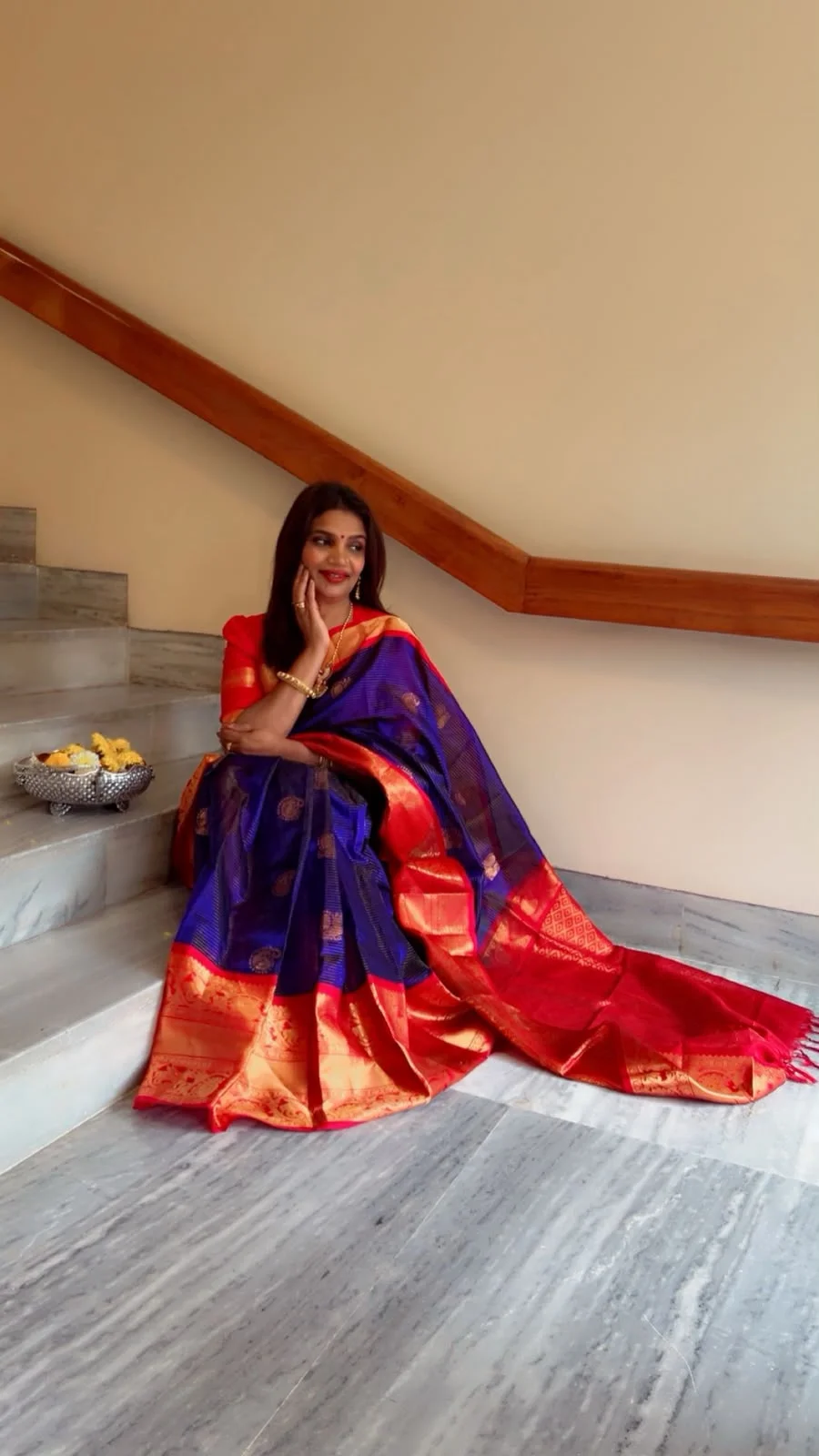 Royal Blue & Vermilion Red Kanchi Silk Cotton Saree